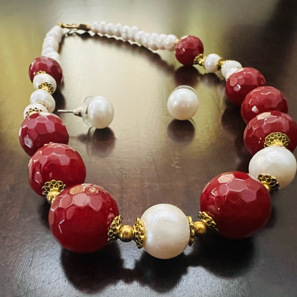 Pearl and Ruby necklace and earrings set